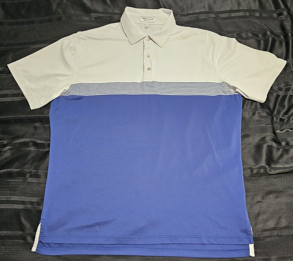 Peter Millar Summer Comfort Golf Polo Shirt Men's L Blue White Colorblock Stripe